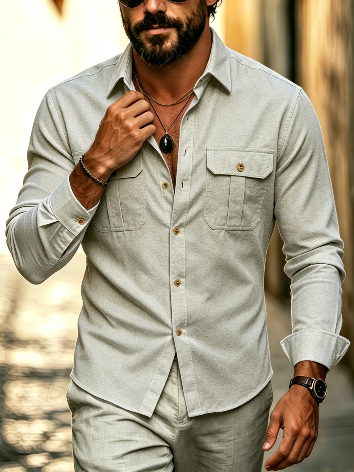 Men's Practical Workwear Shirt, Oxford Cloth Material, with Two Front Pockets and Bronze-colored Buttons, Meticulously Stitched, Loose Fit, Men's Casual Outdoor Shirt, Old-money Style Top, Smart Casual - Khaki