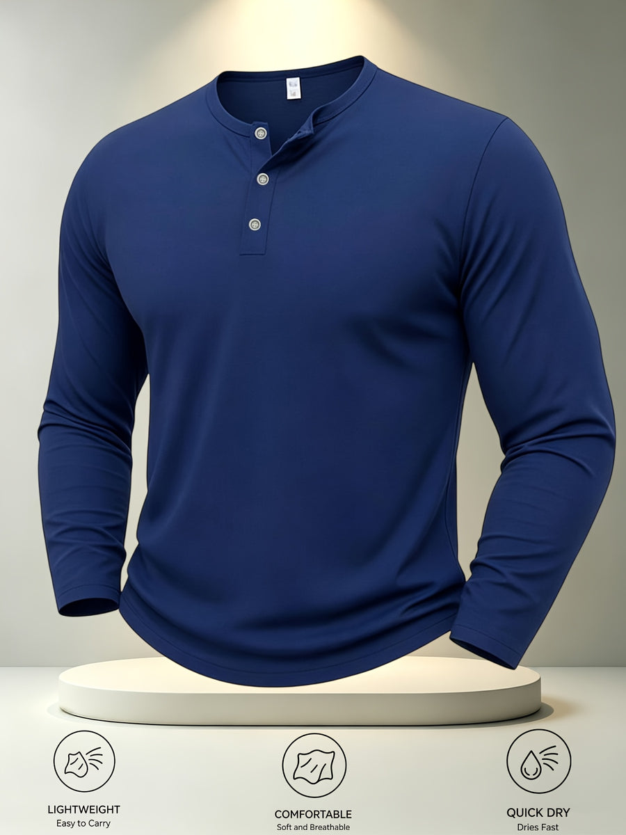 Men's Plus Size Solid Color Henley Shirt Button-Front Placket -Neck Collar - Lightweight Breathable Muscle-Line Suitable for Work, Gym & Daily Commuting, - Casual Button-Up Shirt for Men - Navy Color