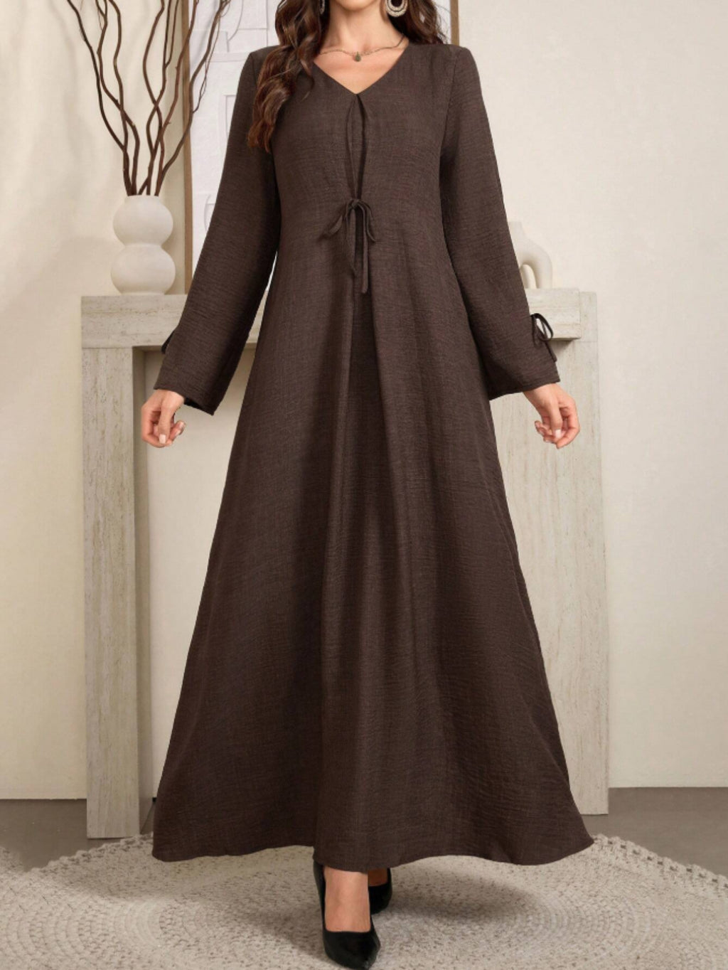 Women'S Elegant, Loose And Comfortable, Bow Tie, Bamboo Knot Dress, Long Women'S Clothing - Dark Brown