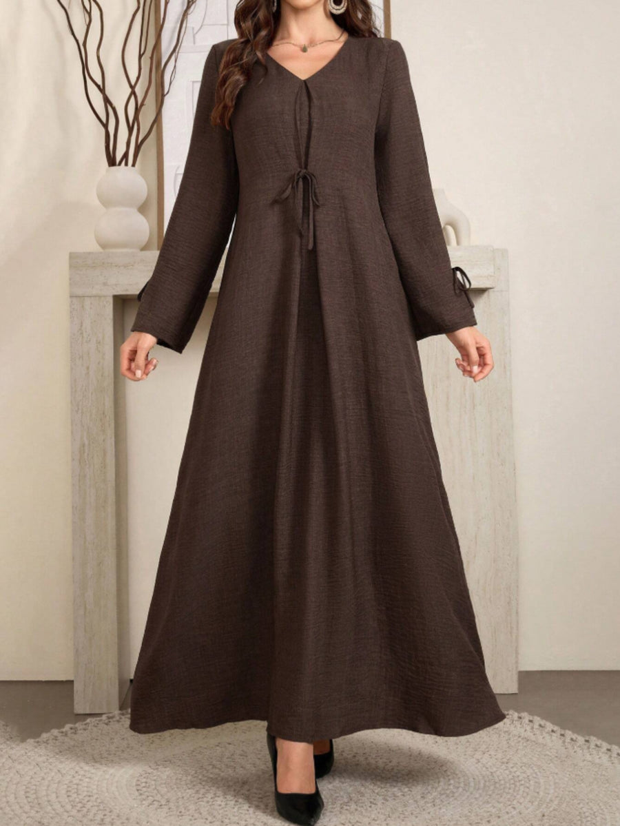 Women'S Elegant, Loose And Comfortable, Bow Tie, Bamboo Knot Dress, Long Women'S Clothing - Dark Brown