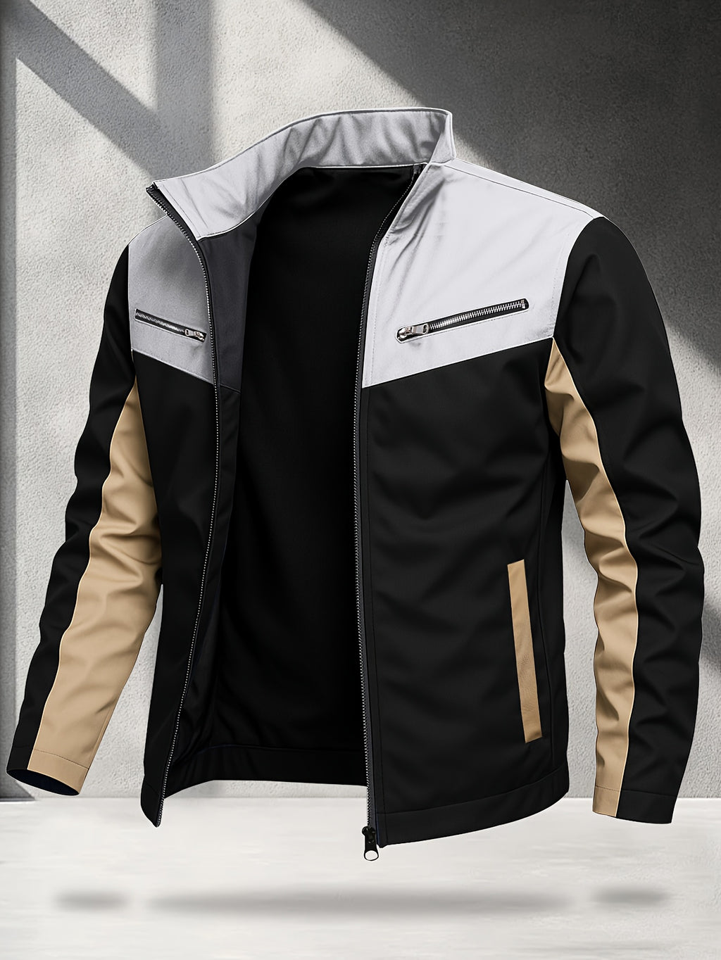 Men's Outdoor Performance Jacket, Lightweight, Quick-Drying, Color Block, Fashionable Contrast Color Design, Color-Block Soft Shell Jacket - Light Grey