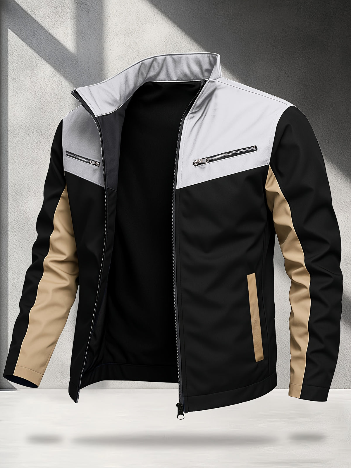 Men's Outdoor Performance Jacket, Lightweight, Quick-Drying, Color Block, Fashionable Contrast Color Design, Color-Block Soft Shell Jacket - Light Grey