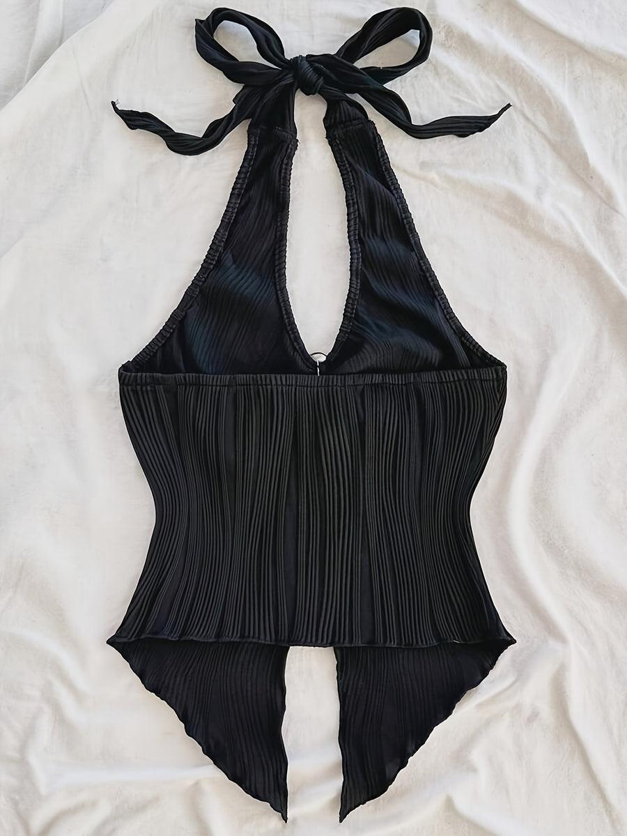 Summer Vacation Vest, Halter Neck Sexy Asymmetrical Hem Vest - Black