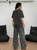 Street Style Paris Letter Stripe Pattern Print, Women's 2pcs Set, Vintage Washed Loose Fit Casual Crew Neck Short Sleeve T-Shirt + Elastic Waist Drawstring Vintage Washed Casual Sport Long Pants, Women's 2pcs Set - Black+black