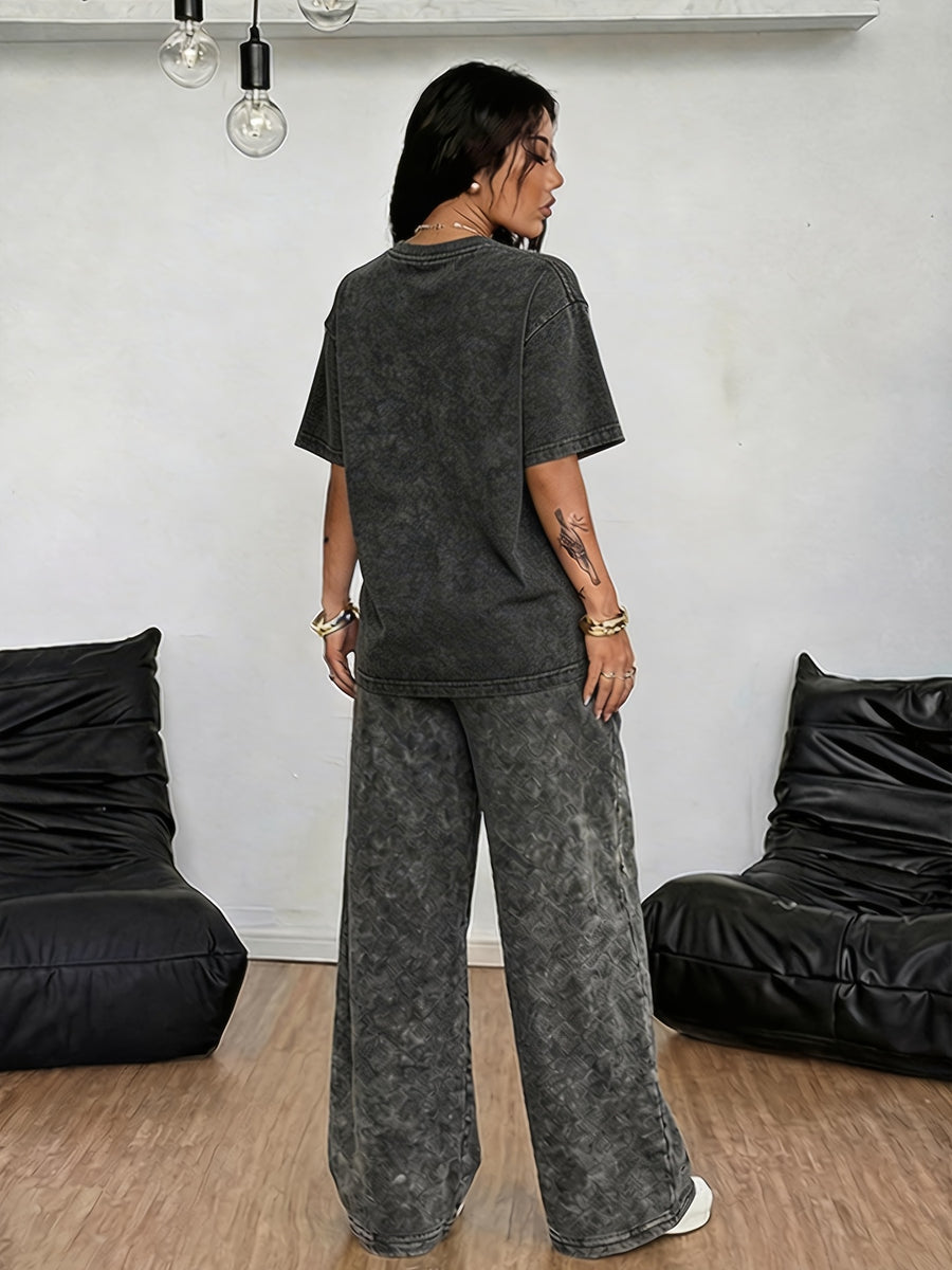 Street Style Paris Letter Stripe Pattern Print, Women's 2pcs Set, Vintage Washed Loose Fit Casual Crew Neck Short Sleeve T-Shirt + Elastic Waist Drawstring Vintage Washed Casual Sport Long Pants, Women's 2pcs Set - Black+black