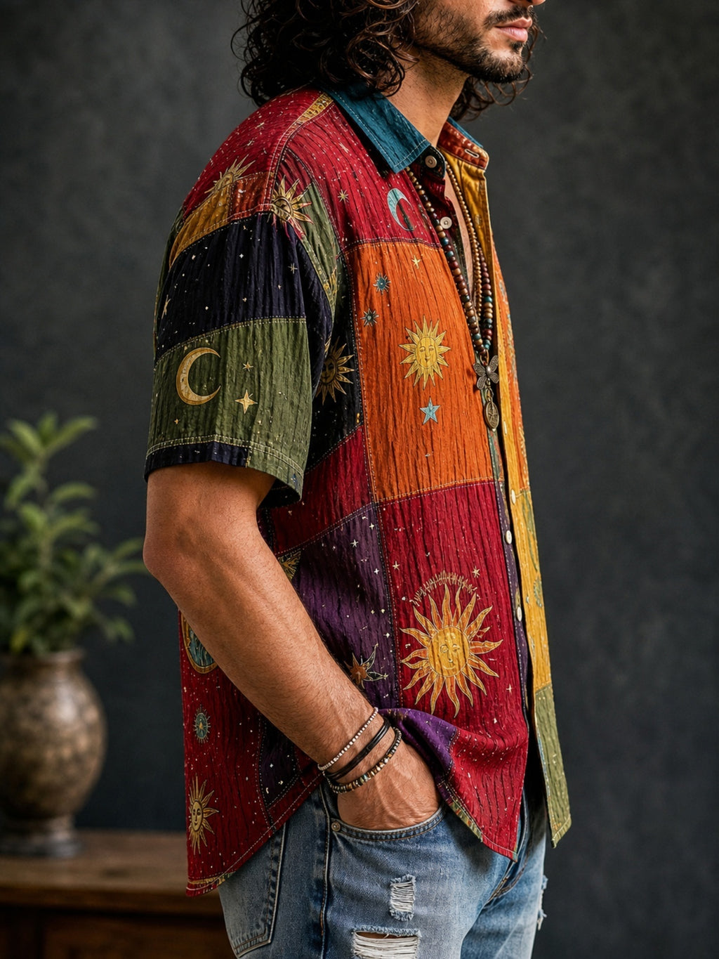 Printed Design - Not Textured Men'S Vintage Astronomical Patchwork Short-Sleeve Shirt, Lightweight And Breathable Casual Button-Up Top, Adorned with Vintage Bohemian Sun, And Star Prints, Ideal Gift for Summer Beach Vacations And Birthdays - JAHFQ080816441