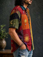 Printed Design - Not Textured Men'S Vintage Astronomical Patchwork Short-Sleeve Shirt, Lightweight And Breathable Casual Button-Up Top, Adorned with Vintage Bohemian Sun, And Star Prints, Ideal Gift for Summer Beach Vacations And Birthdays - JAHFQ080816441