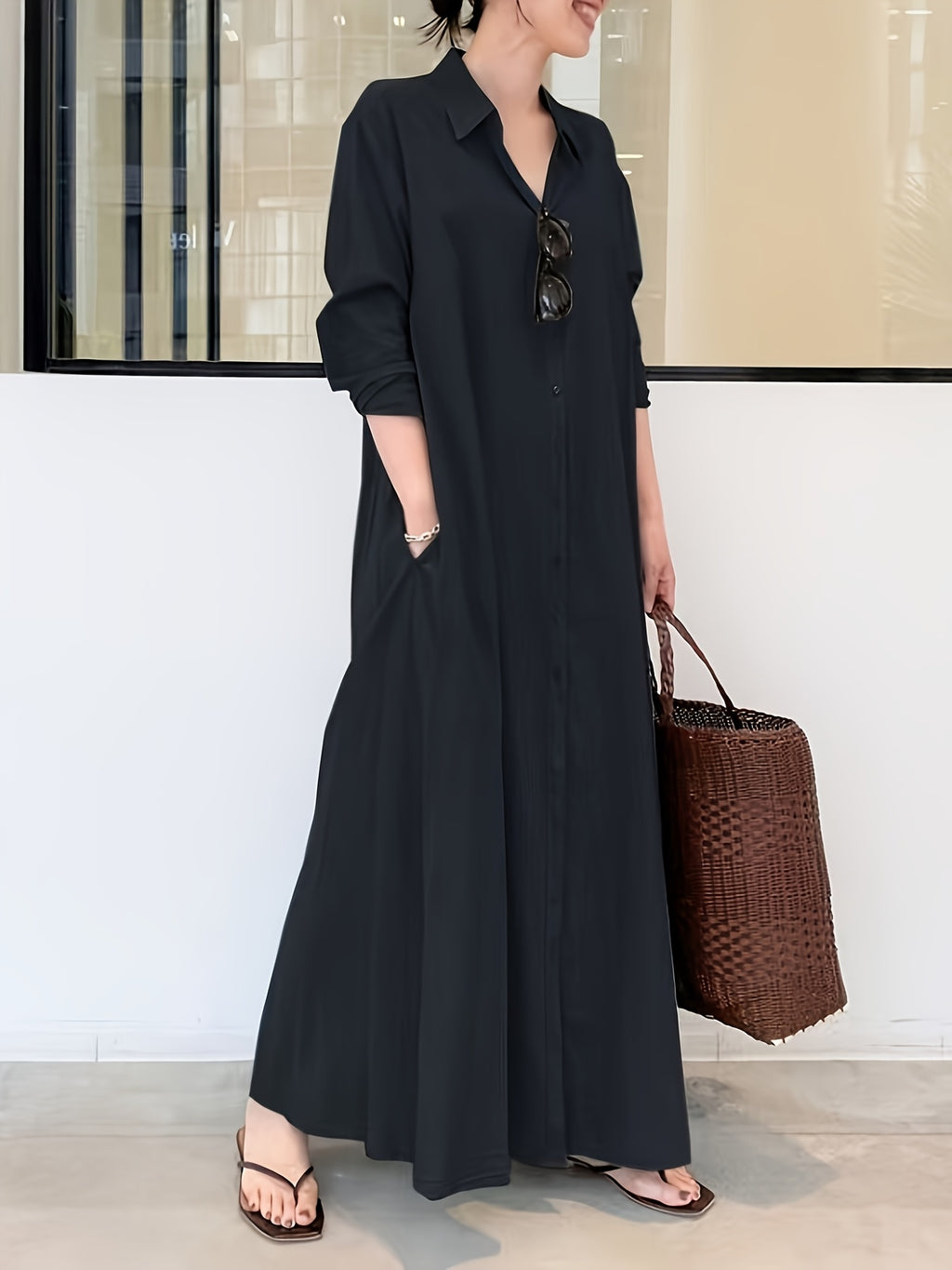 In Stock European And American New Solid Color Lapel Long Sleeve Pocket Easy Loose Casual Long Dress 1pc - Navy Color