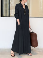 In Stock European And American New Solid Color Lapel Long Sleeve Pocket Easy Loose Casual Long Dress 1pc - Navy Color