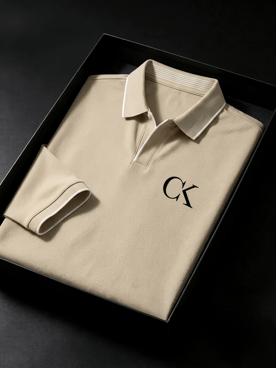 Quick-Dry V-Neck Men'S Golf Polo with Contrast Cuffs, Classic Logo Print, Luxury Contrast Collar, Anti-Pilling Breathable Fabric, Ideal for Sports, Business Casual, Commuting, Golf, And Business Settings - Khaki