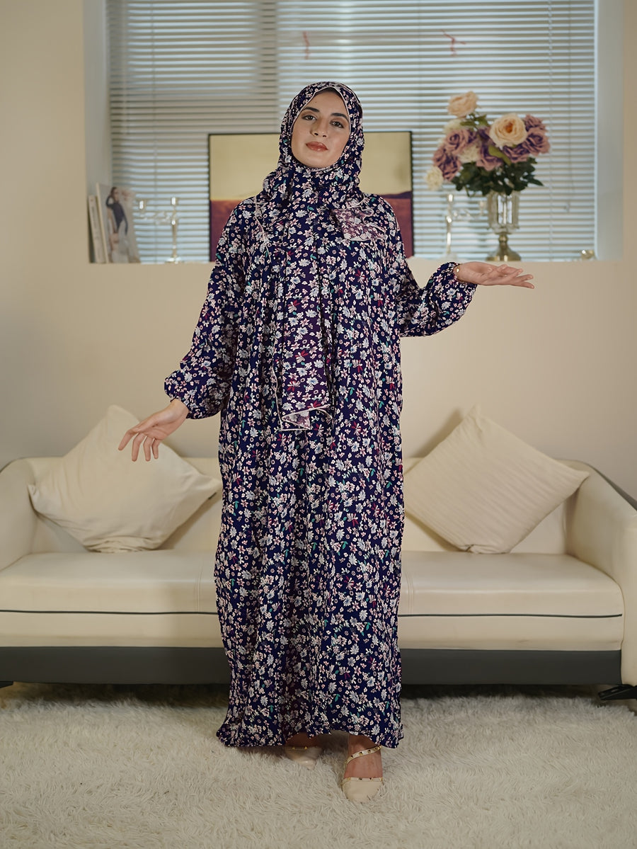 A Comfortable And Breathable New Style Fashion Printed Long Robe Dress for Sudanese Women. - Navy Color