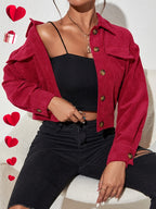 Stylish Women's Jacket on - Valentine's Day New Arrival, Hot Women's Outfit, Solid Color Corduroy Pocket Collar Long Sleeve Coat, Casual Jacket. Suitable for Casual to Semi-formal Wear, Layering, Classic Design, Exquisite Details, Fashionable Top - Red