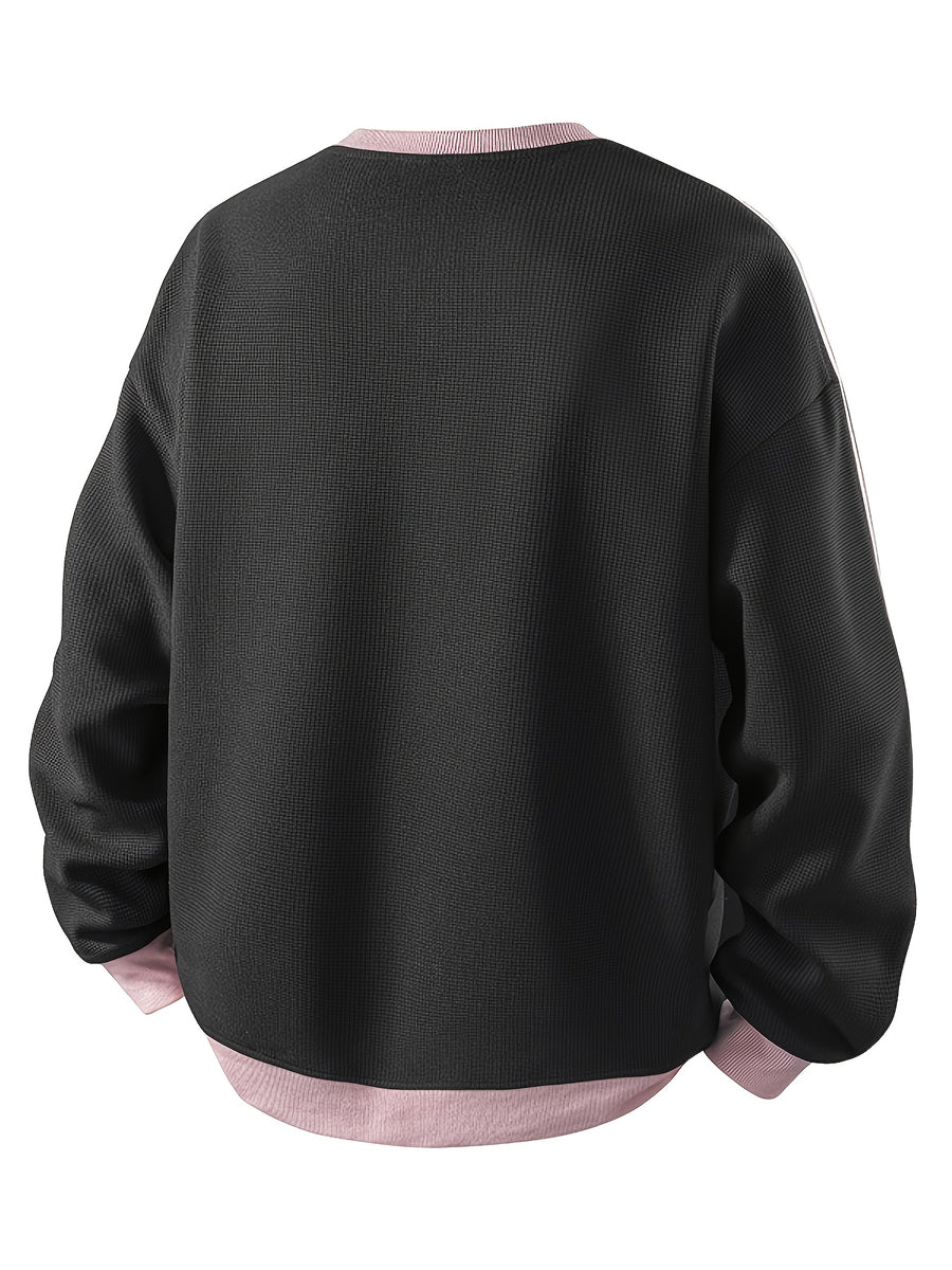 American Vintage Striped Crewneck Sweatshirt for Men, Long Sleeve Base Layer Top for Spring and Autumn - Black