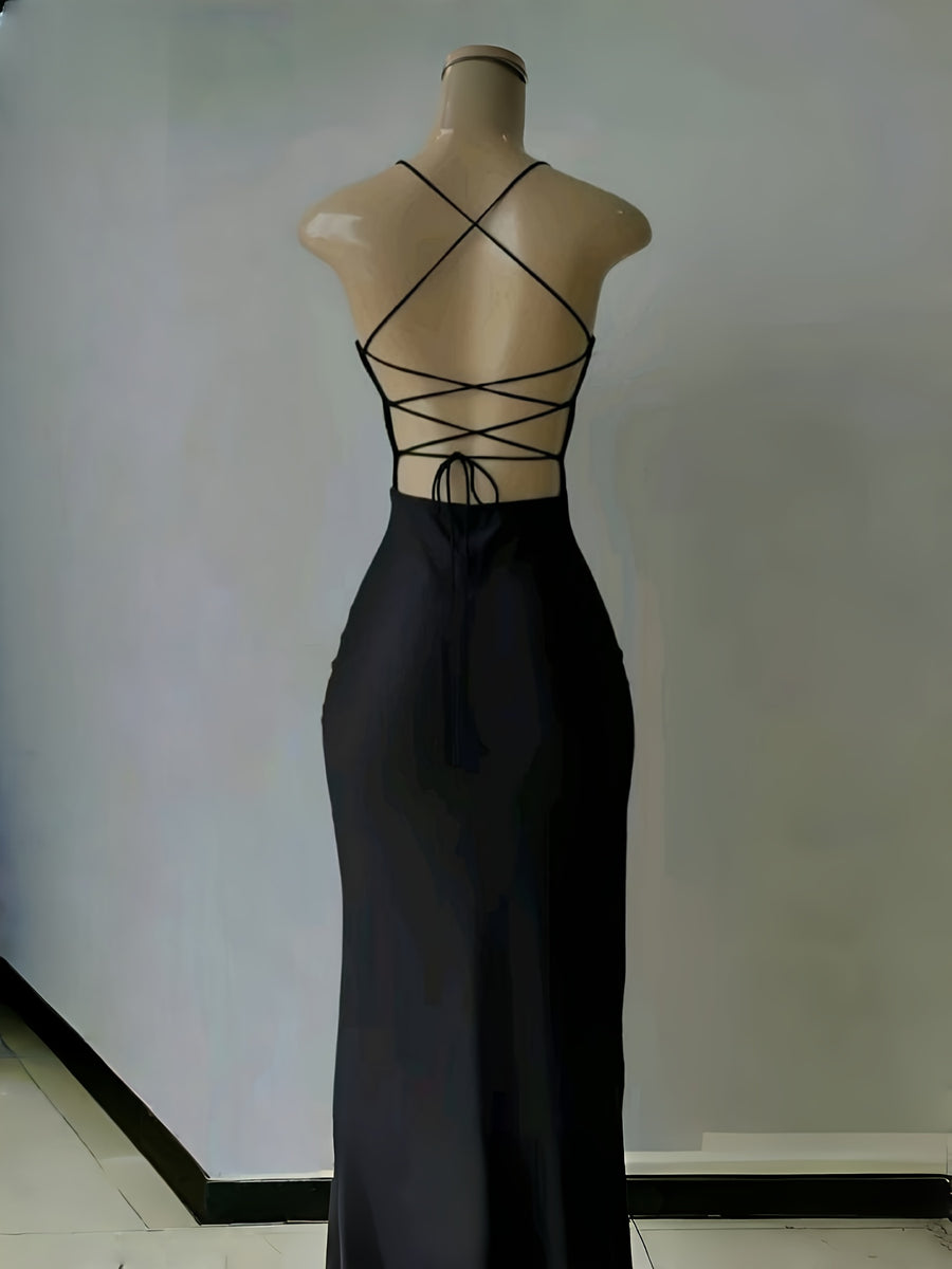 Elegant Fashionable Women'S Slim-Fit Backless Long Dress | Sexy Strappy High Slit, Solid Black Party Style Dress for Spring/Summer - Black