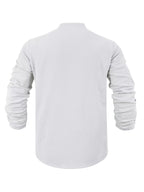 Men's American Style Linen Henley Long Sleeve T-Shirt, for Autumn, Loose Casual Breathable V-Neck Henley Top with Chest Logo Patch - White