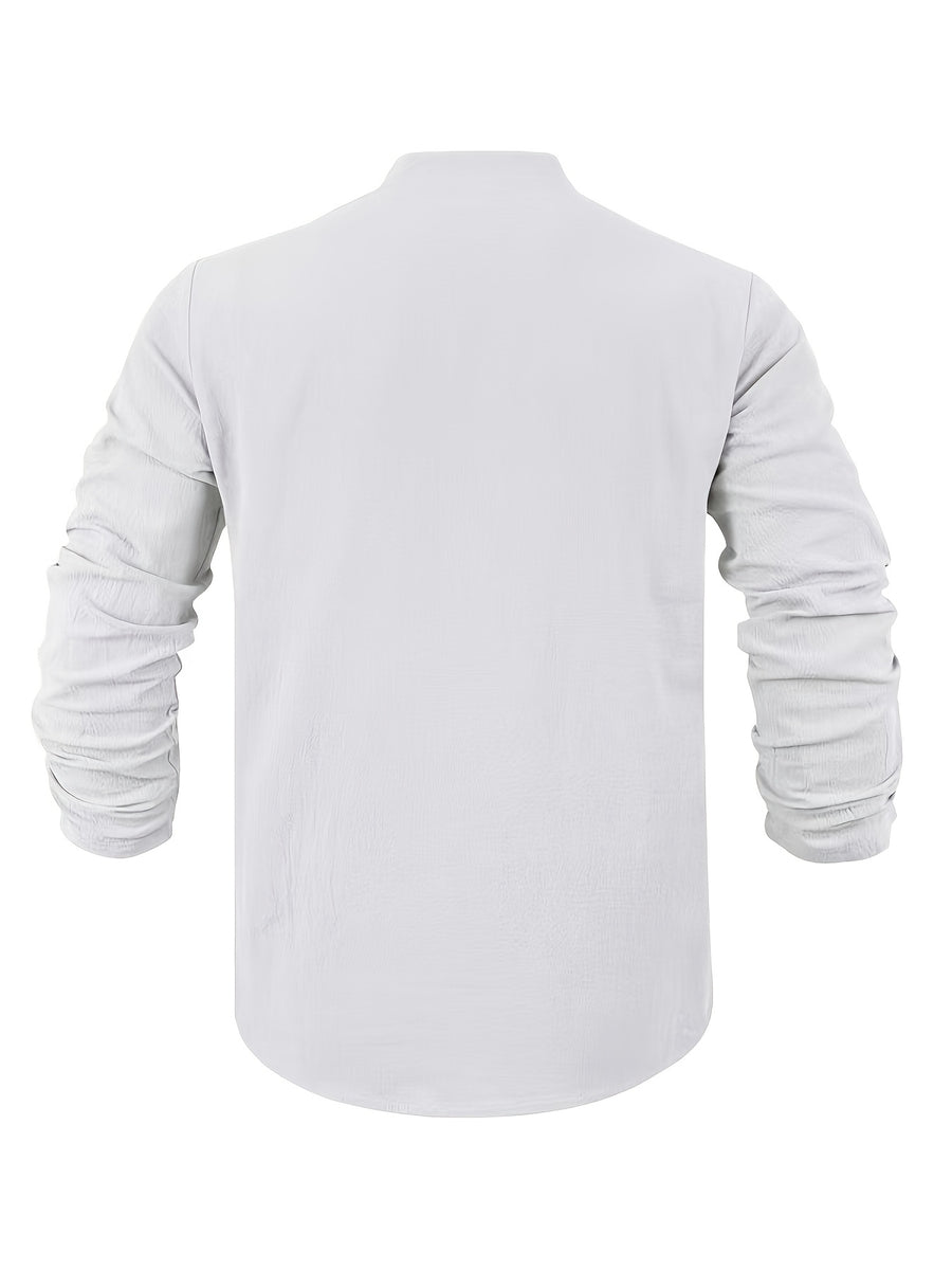 Men's American Style Linen Henley Long Sleeve T-Shirt, for Autumn, Loose Casual Breathable V-Neck Henley Top with Chest Logo Patch - White