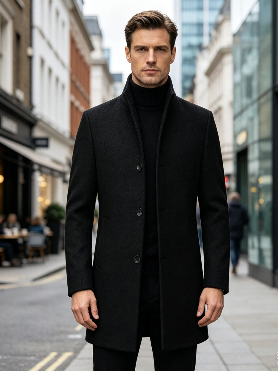 Autumn Winter Thick Warm Windproof Solid Color Stand Collar Coat, Classic Easy Retro Casual All-Match British Old Money Style Elegant Gentleman Jacket - Black
