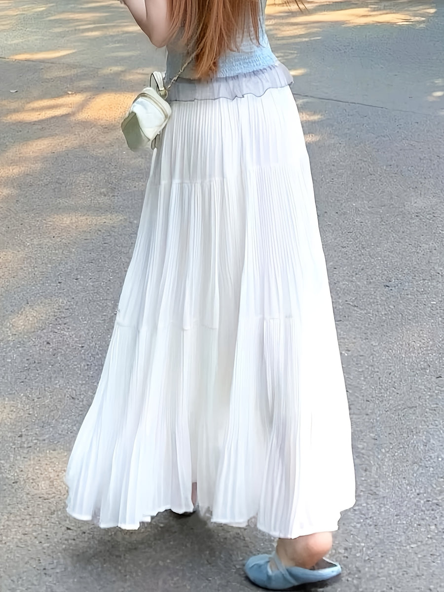 Pleated A-line Skirt with a Loose, Flared Cut - White