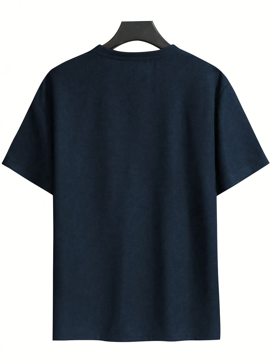 Men's Waffle-Knit Short Sleeve T-Shirt - Breathable Base Layer & Casual Round Neck Pocket Tee, Solid Color Suitable for Gym, Casual Attire, Machine Washable, Spring/Summer Layering Shirt, High-Fit Rate for Lifestyles - Navy Blue+Navy Blue