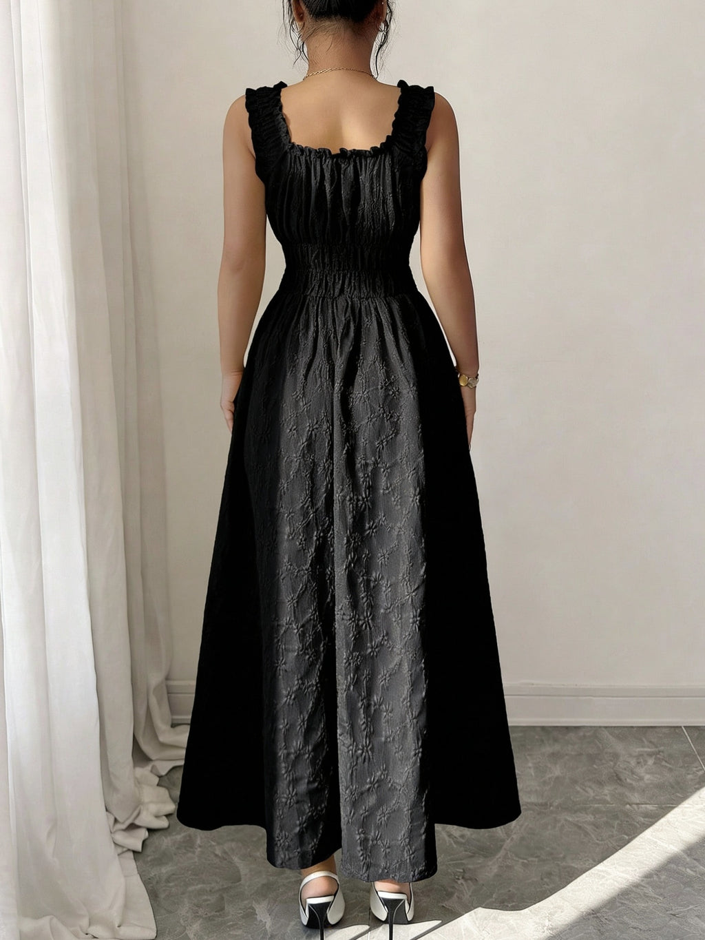 New Women's Textured Floral Fabric, Spaghetti Strap with Bow Waist Design - Elegant and Versatile Women's Dress - Elegant Party Wear, Date Night, 1pc, Buen Fin Shopping Festival, New Year's Daily Wear, Parties, Wedding Night, Stylish and Versatile - Black