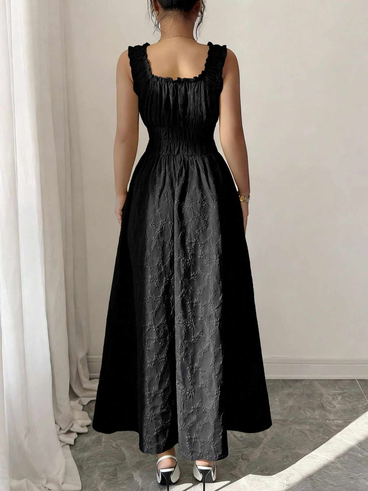 New Women's Textured Floral Fabric, Spaghetti Strap with Bow Waist Design - Elegant and Versatile Women's Dress - Elegant Party Wear, Date Night, 1pc, Buen Fin Shopping Festival, New Year's Daily Wear, Parties, Wedding Night, Stylish and Versatile - Black