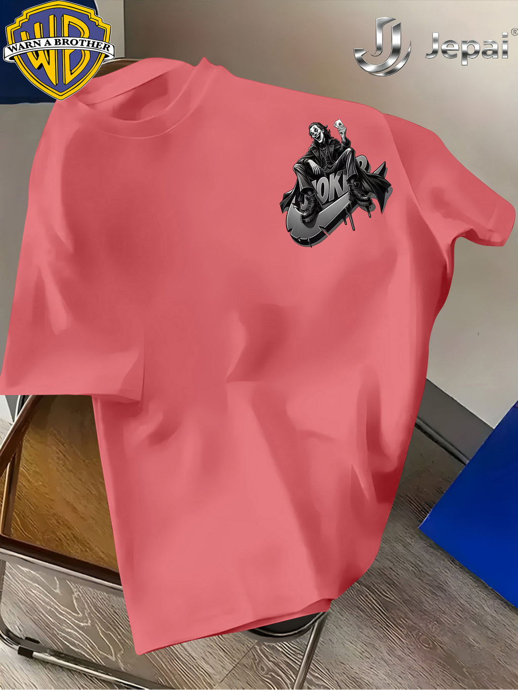 Warner Exclusive, Vintage Street Style DC Joker Themed Print Men's Summer Basic Daily Casual Short-Sleeve Top, Casual Crew Neck Shirt, Suitable for Outdoor Wear, Fitness, Office, and Daily Outfits, an Essential Item for Men's Basic Wardrobe - Watermelon Red