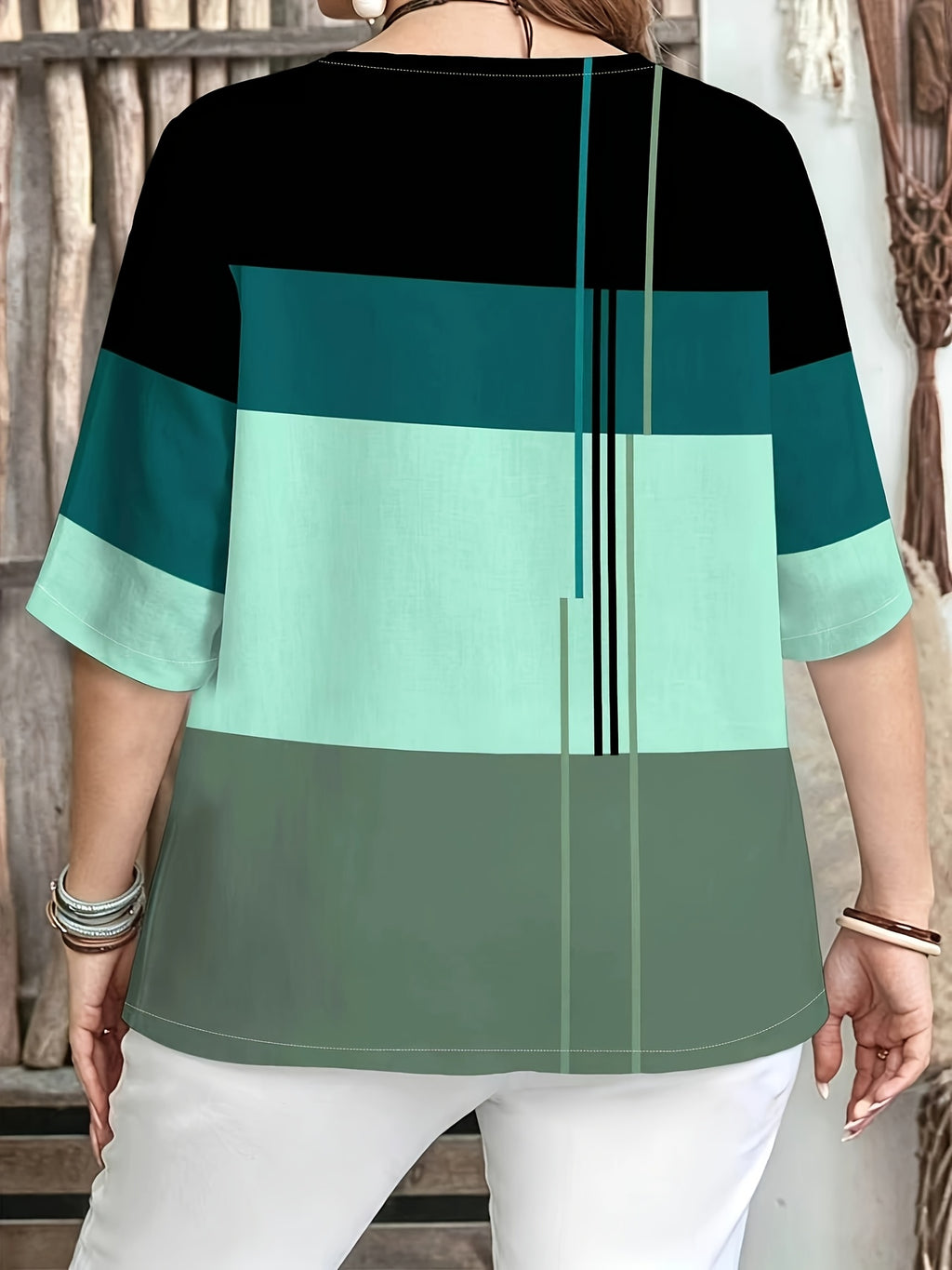 Printed Design – Not Textured. Women's Casual Button-Patch Colorblock V-Neck Three-Quarter Sleeve T-Shirt, a Perfect Gift for. - Mixed Color J