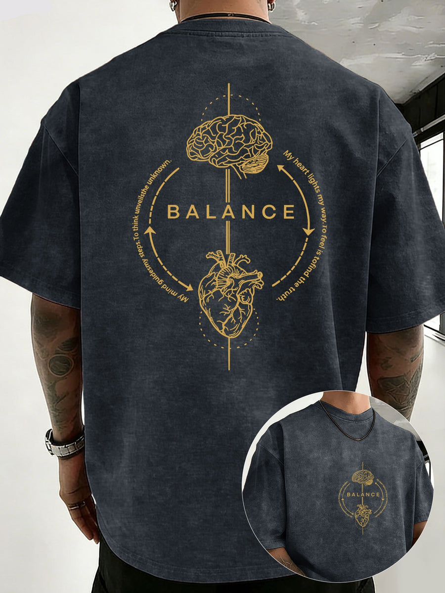 Men's 100% Cotton Washed Distressed Crew Neck Short-Sleeve T-Shirt, Balance Brain Heart Graphic Double-Sided Print, Trendy Loose Casual Tee Tops, 12 Colors Available - Navy Color