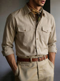 Men's Solid Color Button- Shirt with Double Pocket Collar - Machine Washable Long Sleeve Work Shirt Suitable for Business Casual, Commuting & Office Wear, Button-Front Collar Top for Spring/Autumn Layering (Adult Gift), father's day - Khaki