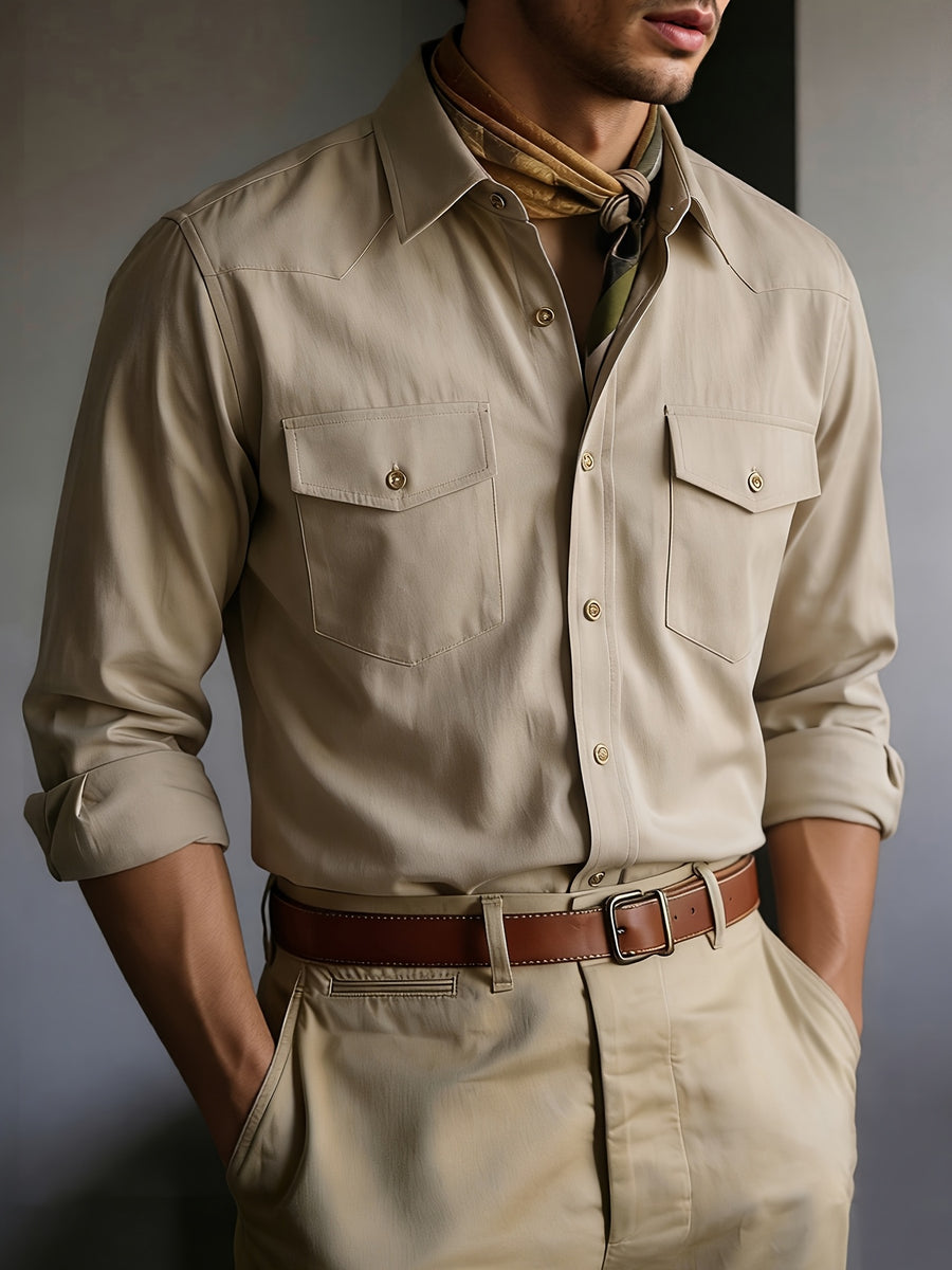 Men's Solid Color Button- Shirt with Double Pocket Collar - Machine Washable Long Sleeve Work Shirt Suitable for Business Casual, Commuting & Office Wear, Button-Front Collar Top for Spring/Autumn Layering (Adult Gift), father's day - Khaki