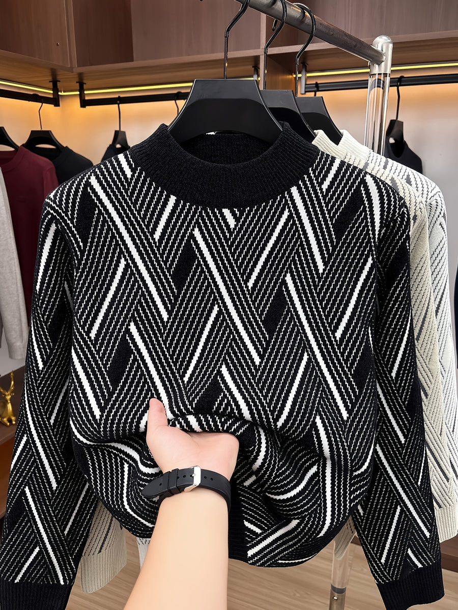 Men'S Mid-Length Round Neck Jacquard Sweater Autumn Winter Knit Casual Pullover Warm Top - Black