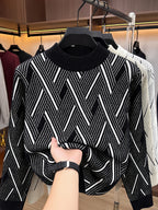 Men'S Mid-Length Round Neck Jacquard Sweater Autumn Winter Knit Casual Pullover Warm Top - Black