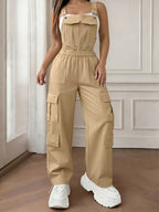 \ Women'S Utility Style Overalls, Multi-Pocket Design, Casual Leisure All-Match Overalls - Khaki