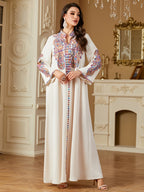 Elegant Middle Eastern/Arabic -Line Maxi Dress with V-Neck & Long Sleeves - Loose Fit -Length Dress Suitable for Ramadan Weddings, Cultural Events - Machine Washable Traditional Muslim Gown - Apricot