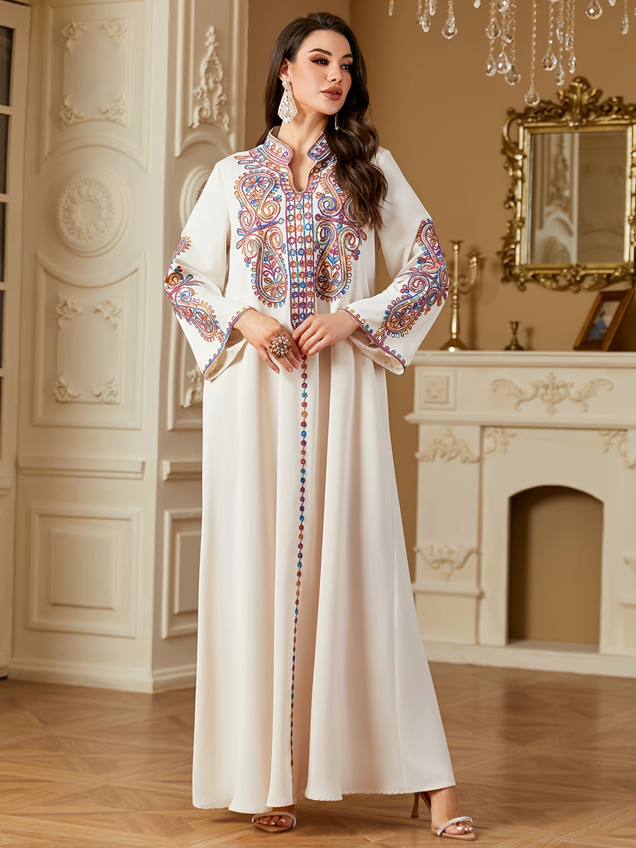 Elegant Middle Eastern/Arabic -Line Maxi Dress with V-Neck & Long Sleeves - Loose Fit -Length Dress Suitable for Ramadan Weddings, Cultural Events - Machine Washable Traditional Muslim Gown - Apricot