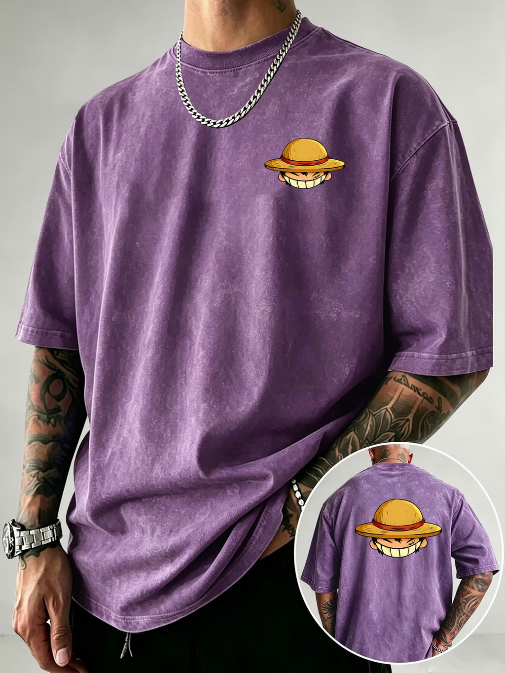 Straw Hat Cartoon Boy Portrait Print Men's Vintage Washed Loose Fit Pure Cotton Short Sleeve T-Shirt - Violet
