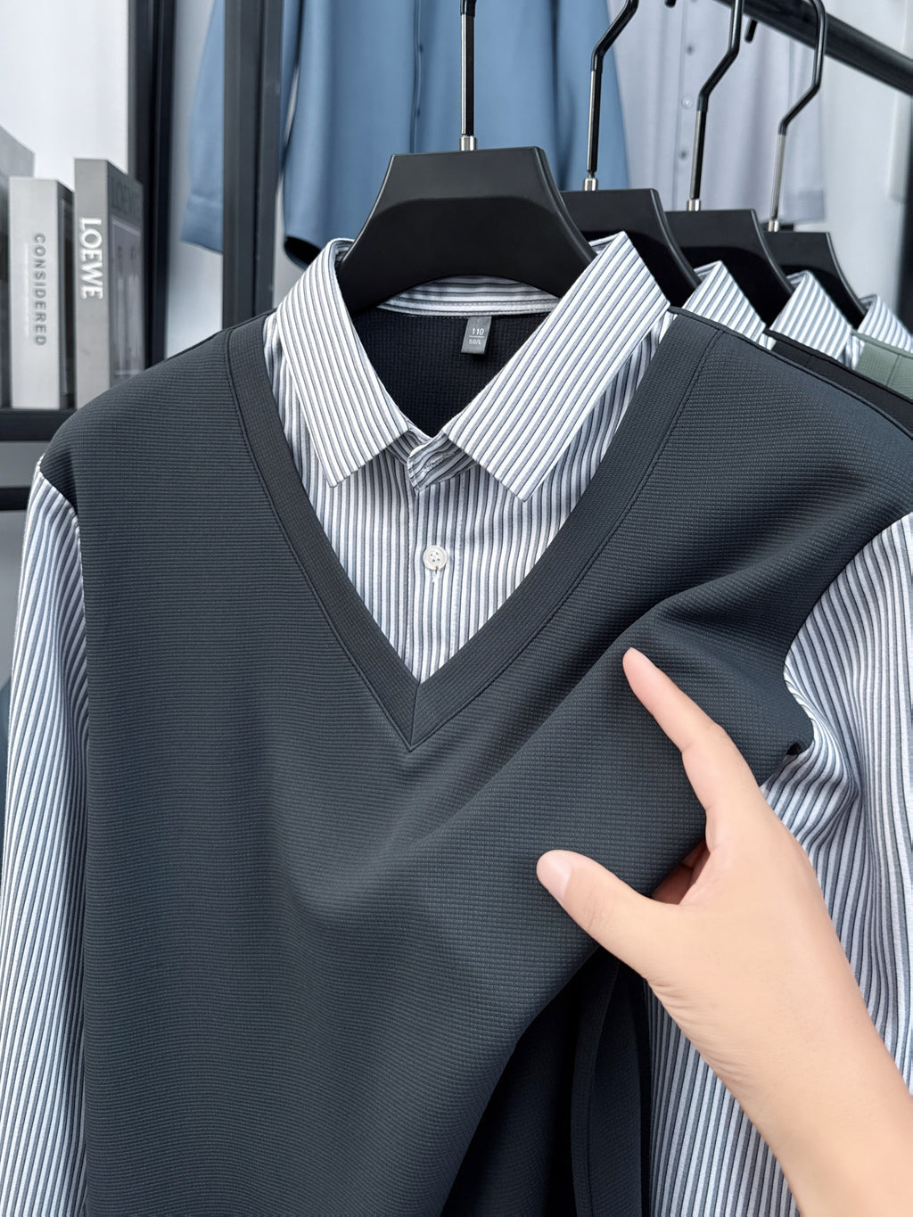 Men's Stretch 2-in-1 Look Polo Long Sleeve Shirt, Striped Shirt Collar Patchwork Polo Top, Smooth, Fine, and Skin-Friendly Fabric, Business Commute, Business Trip, and Travel Top, Loose and Casual Men's Clothing for Daily Wear and Home - Dark Gray