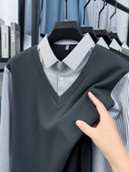 Men's Stretch 2-in-1 Look Polo Long Sleeve Shirt, Striped Shirt Collar Patchwork Polo Top, Smooth, Fine, and Skin-Friendly Fabric, Business Commute, Business Trip, and Travel Top, Loose and Casual Men's Clothing for Daily Wear and Home - Dark Gray