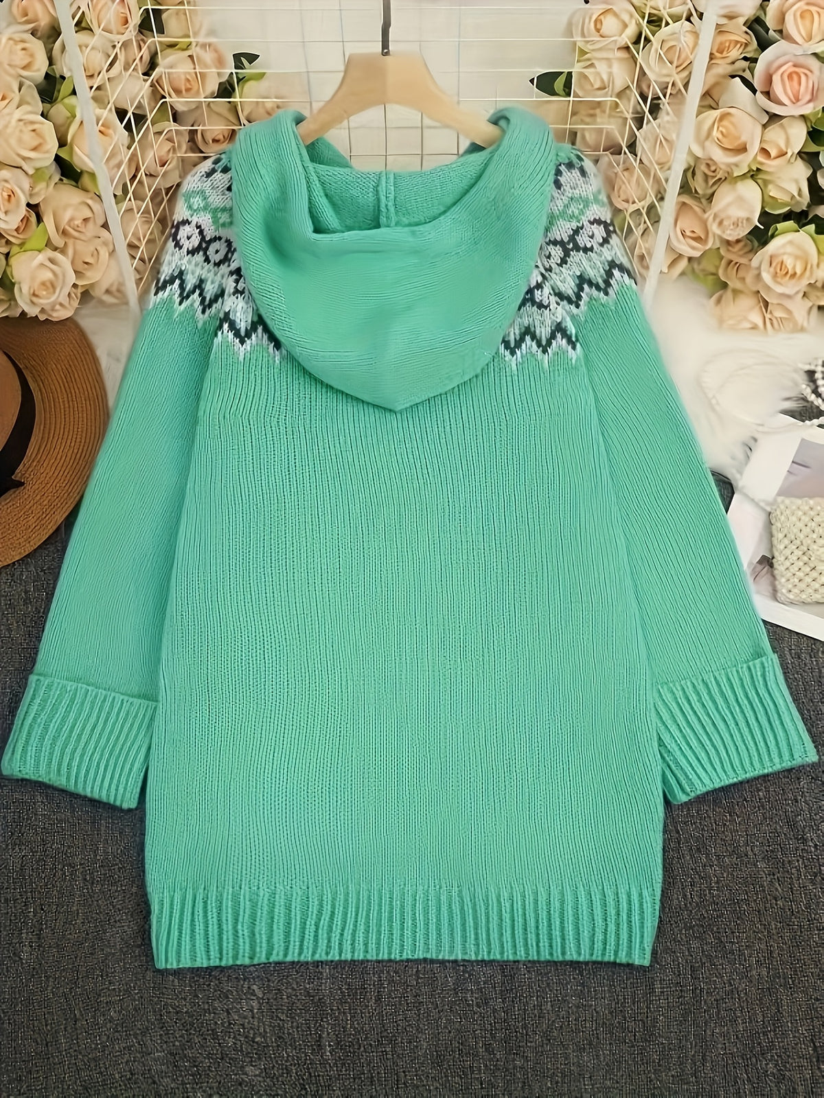 Fashionable Casual Long-Sleeve Hooded Cardigan for Women with Contrasting Colors And Pockets - Viridity