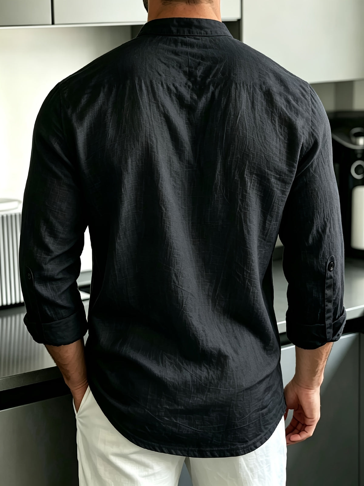 [Know And Give OBM] Men'S Solid Color Stand-Collar Linen Long Sleeve Shirt, Semi-Open Front Design, Roll-Up Sleeve Style | Casual Commute, Short Vacation, Leisure Gatherings | Men'S Versatile Top - Black