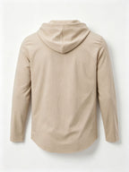 Men's Fashion Hoodie, Linen Long Sleeve Hooded Top Shirt, Henley Shirt, Linen Texture Hooded Henley Long Sleeve Shirt for Men, Half-Zip Wood Button Drawstring Hoodie, Vacation Style Loose Fit with Roll-Up Sleeves, Casual Top, 2pcs Set - Khaki*2
