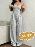 Plus Size Women's Bodysuit Loungewear, Loose Fit, Casual, Comfortable, Simple Solid Color, Sleeveless with Long Pants, Plus Size Women's Outerwear Bodysuit - Grey