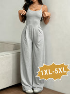 Plus Size Women's Bodysuit Loungewear, Loose Fit, Casual, Comfortable, Simple Solid Color, Sleeveless with Long Pants, Plus Size Women's Outerwear Bodysuit - Grey