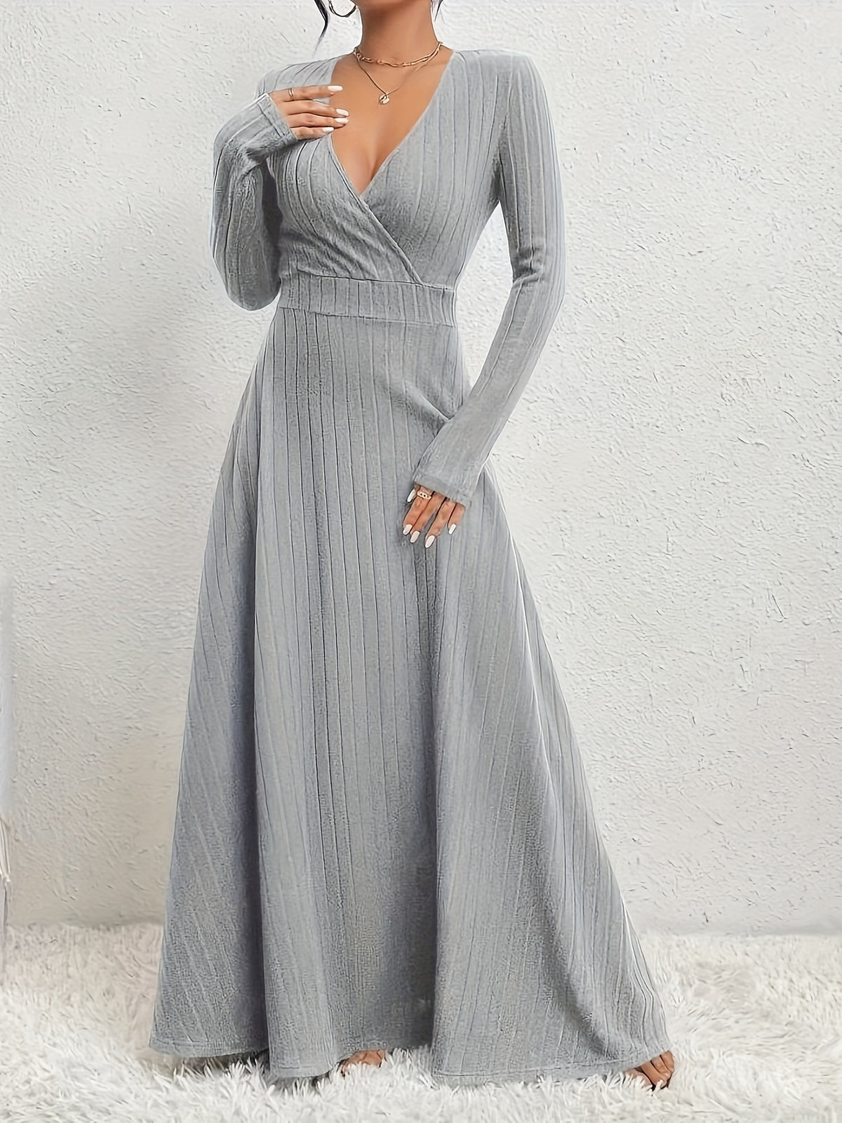Women's A-Line Dress with Cross Neckline & Sleeves - Soft Stretch Midi Dress for All Seasons, Machine Washable Solid Color Elegant Casual to Formal Wear, Formal Attire, Construction - Grey