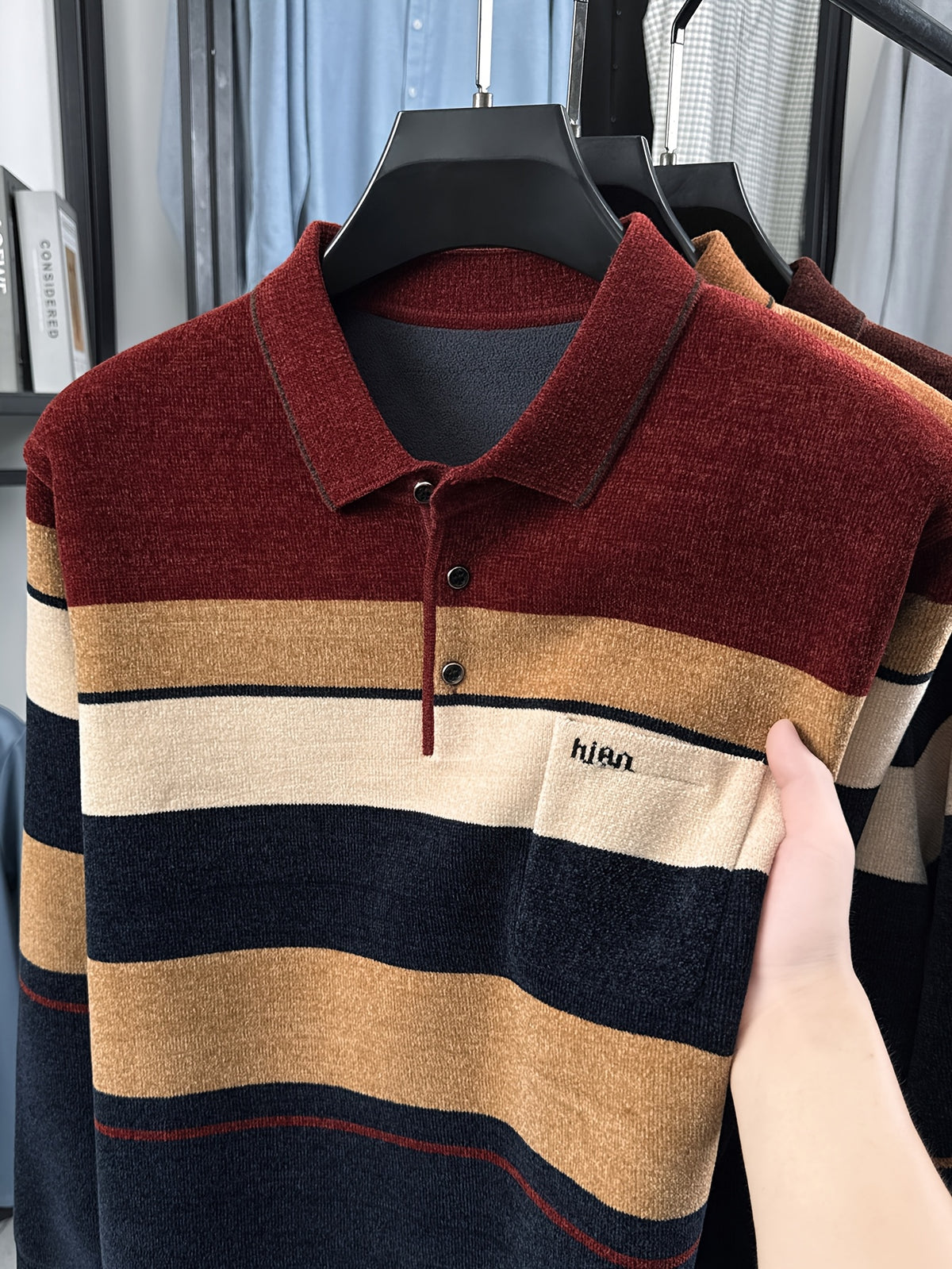 New Men's Color-Block Knit Pullover Autumn/Winter Warm Casual Polo Sweater - Red
