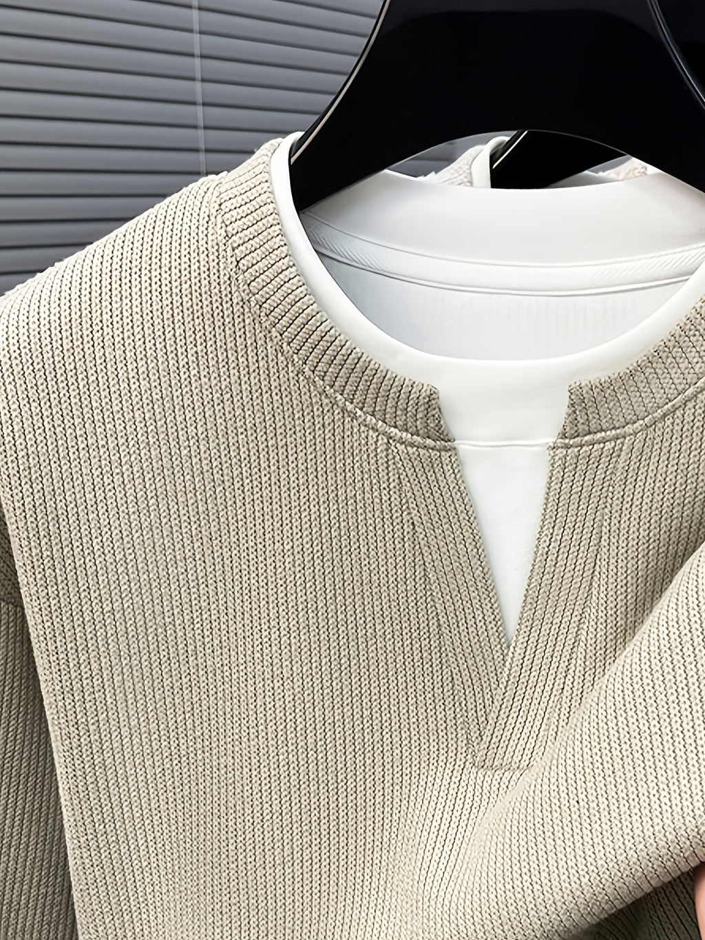 Spring And Autumn Men'S Pinstripe Knit Faux Two-Piece Sweatshirt Easy Small Lapel Fit Comfortable Skin-Friendly Casual Commuting Long Sleeve Pullover Sweater - Bean Green