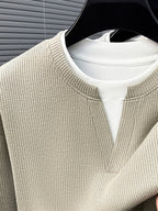 Spring And Autumn Men'S Pinstripe Knit Faux Two-Piece Sweatshirt Easy Small Lapel Fit Comfortable Skin-Friendly Casual Commuting Long Sleeve Pullover Sweater - Bean Green