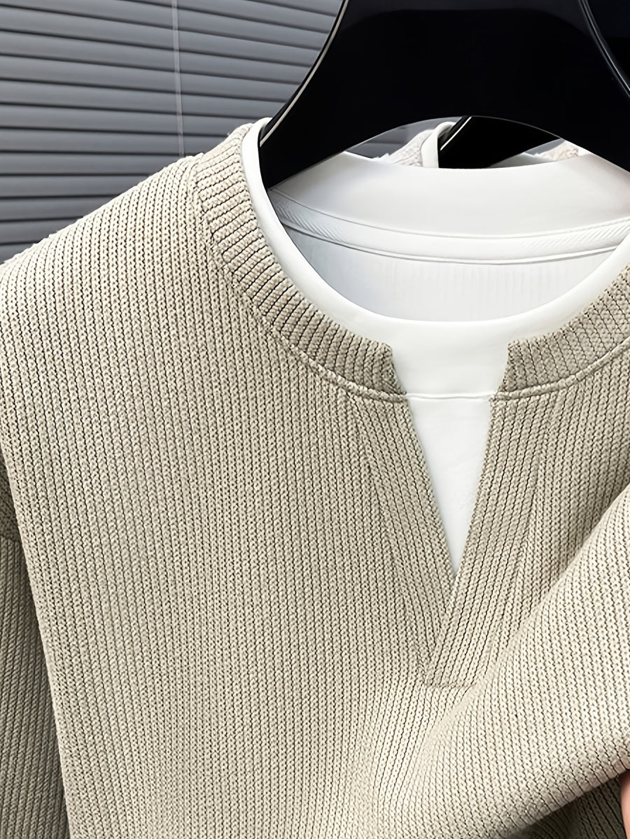 Spring And Autumn Men'S Pinstripe Knit Faux Two-Piece Sweatshirt Easy Small Lapel Fit Comfortable Skin-Friendly Casual Commuting Long Sleeve Pullover Sweater - Bean Green