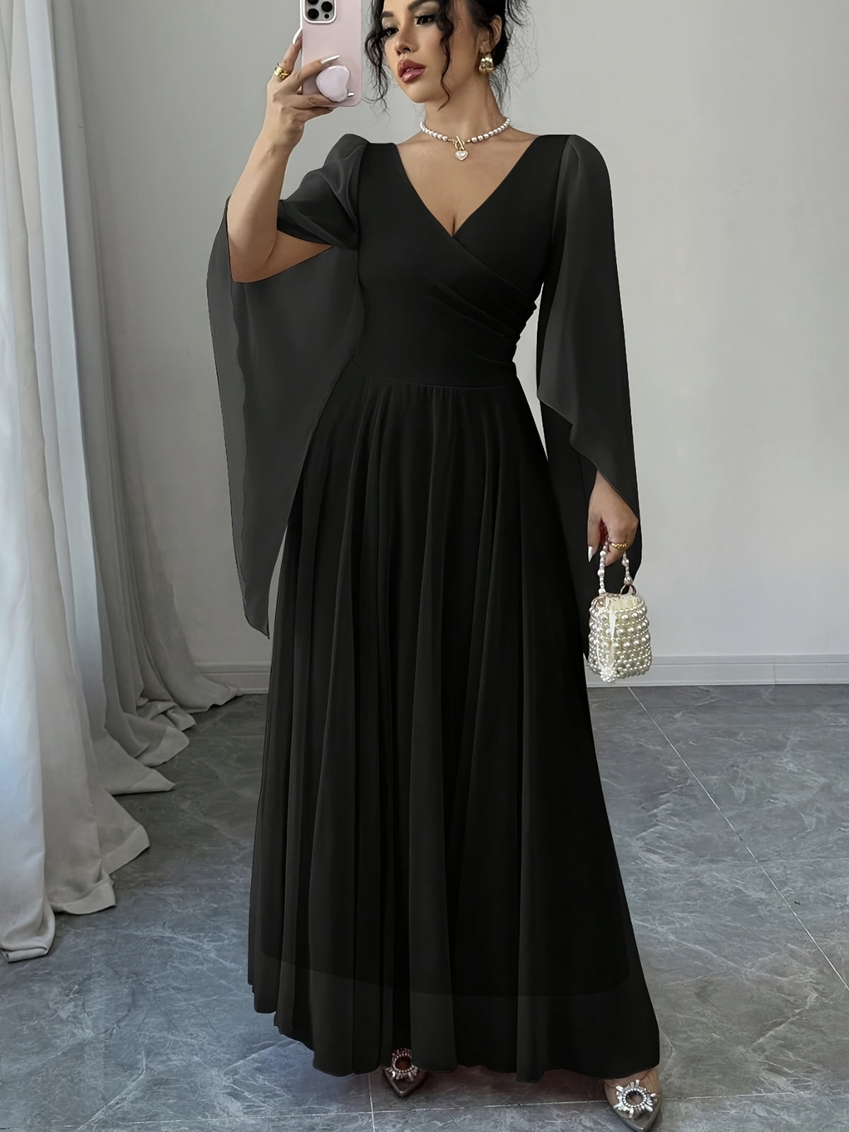 P261 New Design Waist-Cinching V-Neck Elegant High-End Dress, Suitable for Parties, Dinner Parties, Engagement Banquets, Annual Meeting Hosting, Party Gowns, and Best Friend Gatherings - Black