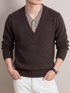 Autumn/Winter Thickened V-Neck Sweater, Men's Warm Casual Knit Top, Suitable for Daily Commuting and Business - Coffee Color